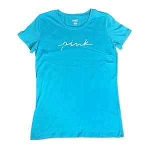 VS PINK Teal Short Sleeved Tee Shirt Cursive Tie Dye Logo Medium